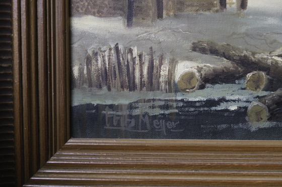 Image 1 of Pintura al óleo original "Paisaje invernal holandés con patinadores" de Frits Meijer