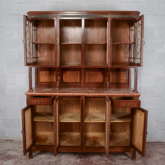 Tweedelig buffetkast met vitrine en vier deuren – Buffetkasten, Marmer, Metaal, Art Nouveau (photo 2 of 16)