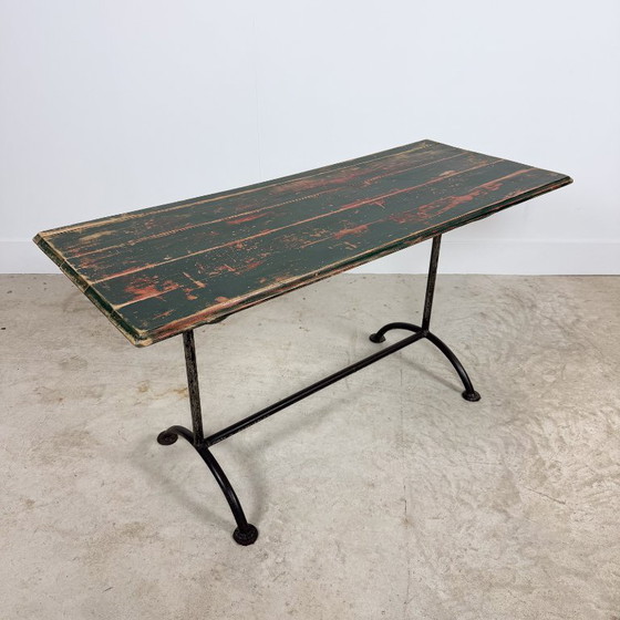 French Bistro table with green painted wooden top, Consoles, Metal, Rustic (photo 2 of 12)