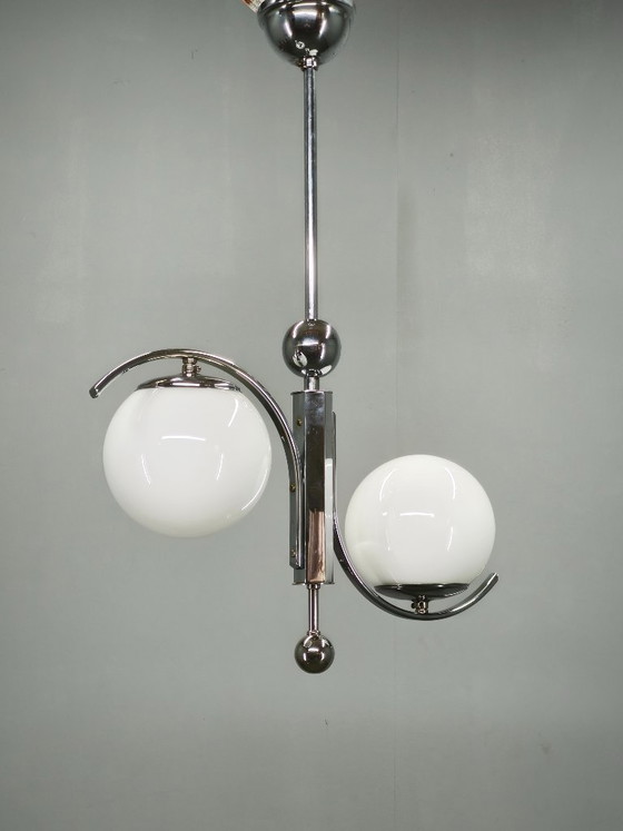 1930s Art Deco Chrome and Opaline Glass Two-Light Chandelier, Czechoslovakia, Metal, Silver (photo 3 of 10)
