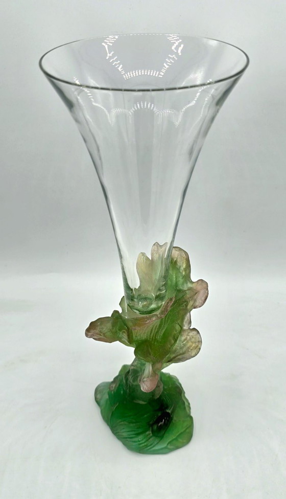 Image 1 of Daum - soliflore vase in crystal and green glass paste with vegetal decoration