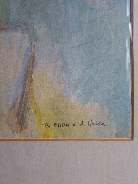 Image 1 of Peinture d'Emme van der Heide (1981) – Gouache « Pot de fleurs sur une table dans l'atelier »