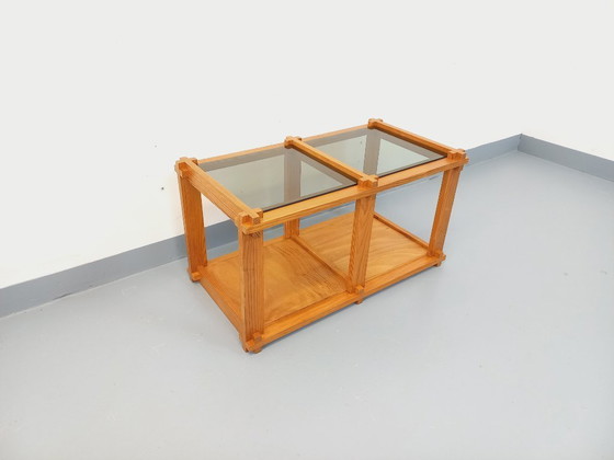 Image 1 of Vintage rectangular coffee table in pine and smoked glass from the 70s and 80s