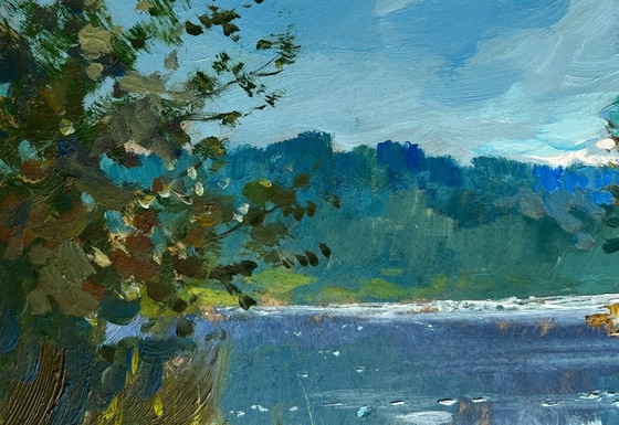 Image 1 of Original Oil Painting Summer River Landscape By the evening in nature