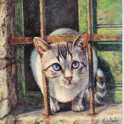“Cat looking out the window” Miguel A. Galván Mangas, late 20th century - Valladolid, Spain