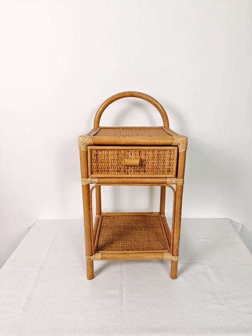 Vintage Rattan Bedside Table / 1970s Bamboo Nightstand / Boho Side Table with Drawer / Wicker Furniture / Coastal Bohemian Decor