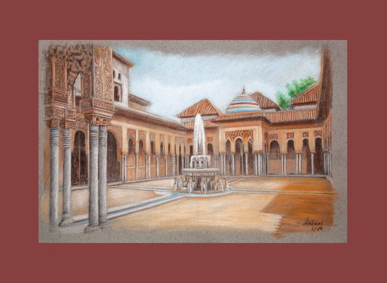 Image 1 of Drawing of the Alhambra. Court of the Lions. Painting of the Alhambra. Painting of the Court of the Lions.