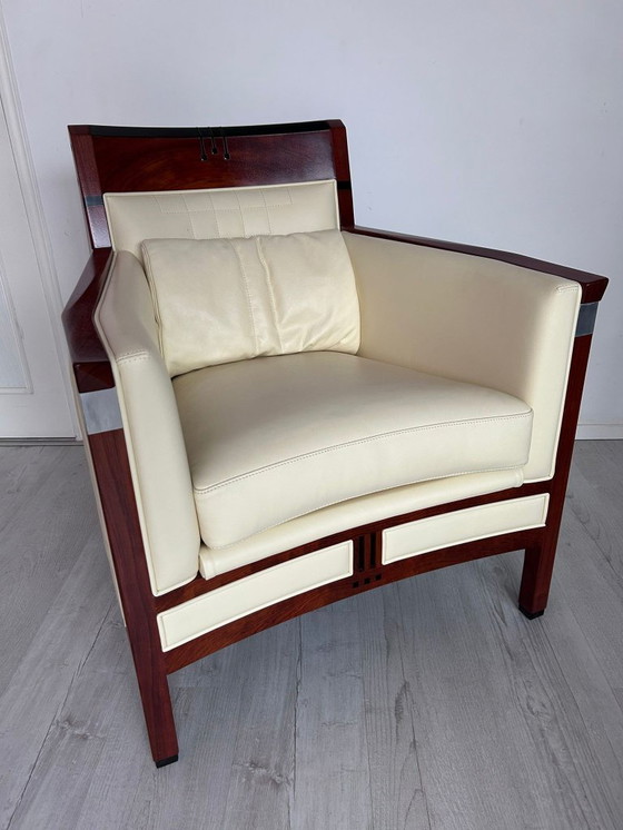 Image 1 of 2x Luxury Art Deco Schuitema design armchair Charles with cream leather from the Decoforma series with decorative stitching