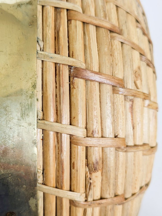 Image 1 of Vintage Rattan Brass Bowl Gabriella Crespi Style 1970s Handwoven Fruit Basket