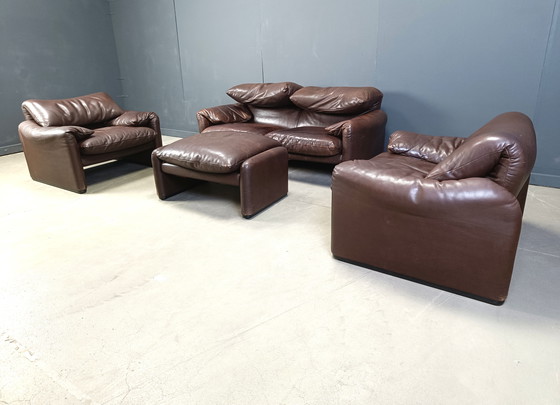 Image 1 of Vintage lederen Maralunga bankstel door Vico Magistretti voor Cassina, 1973