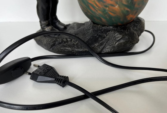 Image 1 of Lampada da tavolo vintage in stile Art Nouveau - Ragazza con palla di vetro arancione