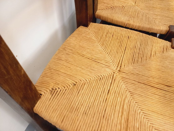 Image 1 of Set of 6 vintage brutalist chairs in solid oak and straw from the 60s