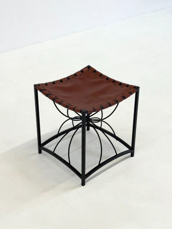 Image 1 of French elegant vintage stool with black metal and brown leather