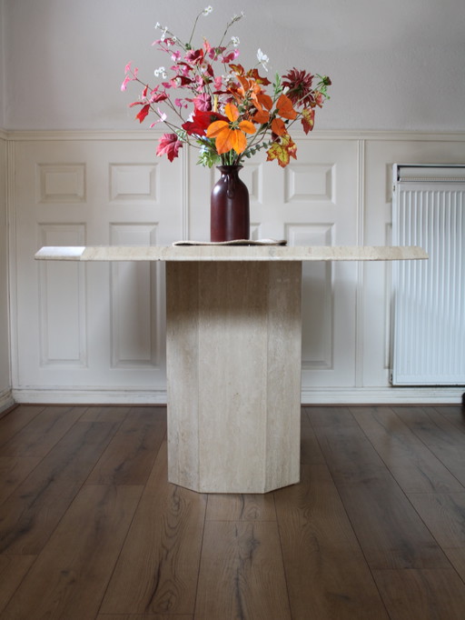 Vintage Travertine Dining Table With Faceted Edge