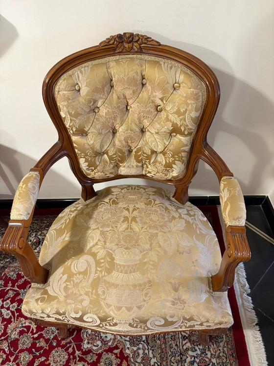 Pair of Vintage Louis XV Style Armchairs - Gold Brocade, Textile, Wood, Beige (photo 2 of 6)