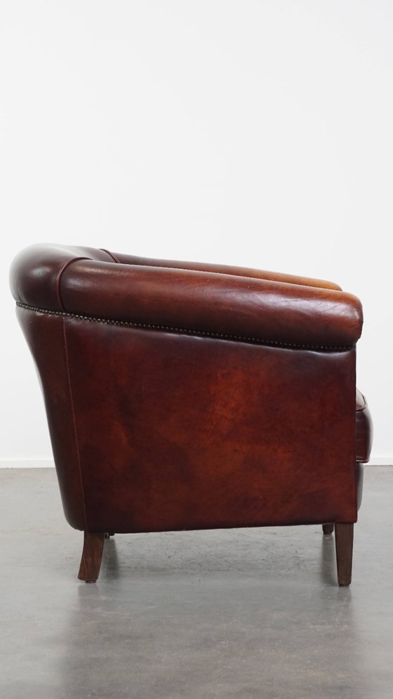 Image 1 of Sedia club in pelle di vacchetta in stile inglese con cuscino di seduta fisso