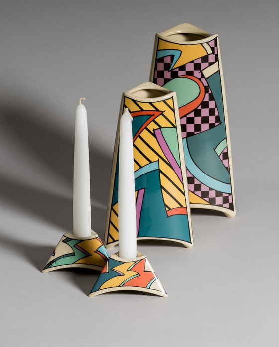 Image 1 of Dorothy Hafner for Rosenthal, “Flash” Vase Duo with Matching Candleholder Pair, Germany, 1980s