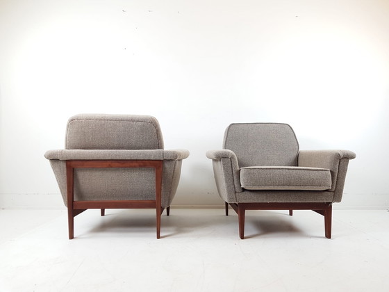 Image 1 of Set di divani vintage in legno di teak | divano + 2 poltrone in lana beige De Ploeg