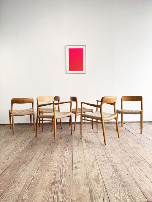 Mid-Century Danish Model 56 and 75 Chairs in Oak by Niels O. Møller for JL Møllers Furniture Factory, 1950s, Set of 6