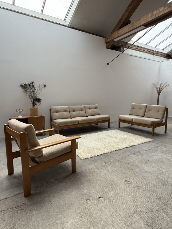 Image 1 of Wilhelm Knoll seating group 3-seater + 2-seater + armchair solid ash wood fabric cream-colored, Germany 1970s