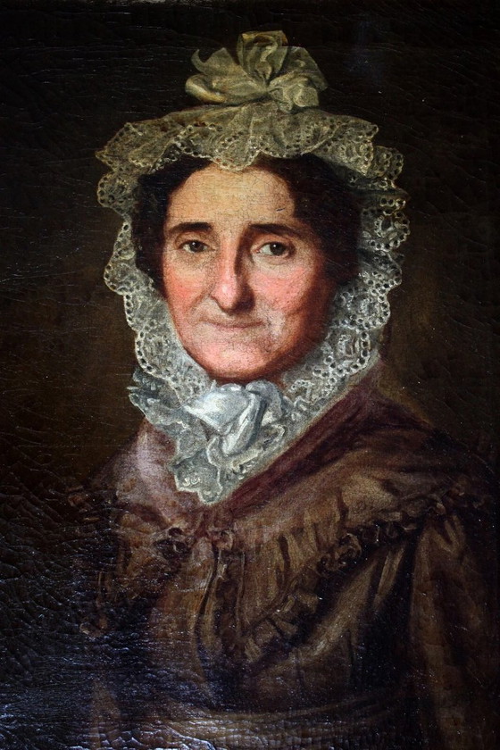 Image 1 of Tableau à l'huile ancien encadré d'or représentant le portrait d'une dame au chapeau