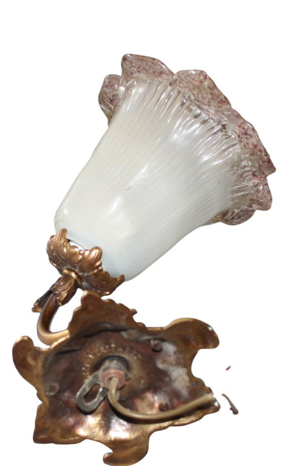 Antike Jugendstil-Tischlampe aus Bronze mit Glasblüte – ca. 31 cm hoch – Wandleuchten (photo 5 of 7)