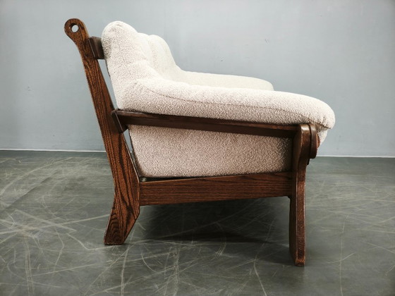 Image 1 of Brutalist Solid Oak and Bouclé Three-Seat Sofa, Czechoslovakia 1970s