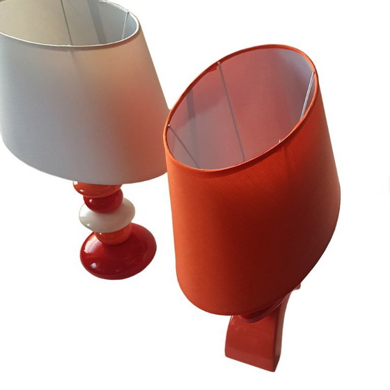 Set van 2 Franse keramische tafellampen in mid-century modern stijl. – Ceramic, Textile, Vintage (photo 3 of 5)