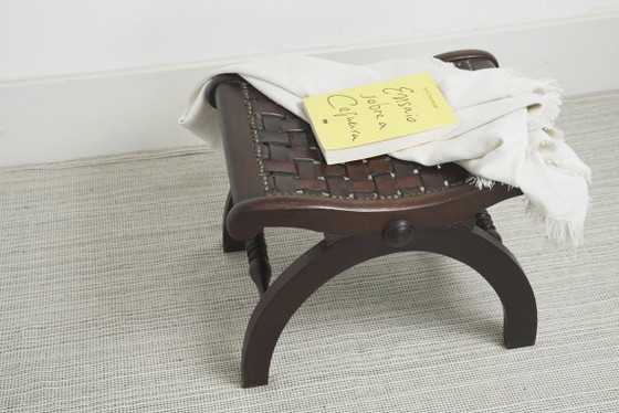 Spanish Revival Leather Stool Woven Leather Footstool Vintage Spanish Colonial Ottoman Rustic Wood Accent (photo 5 of 19)