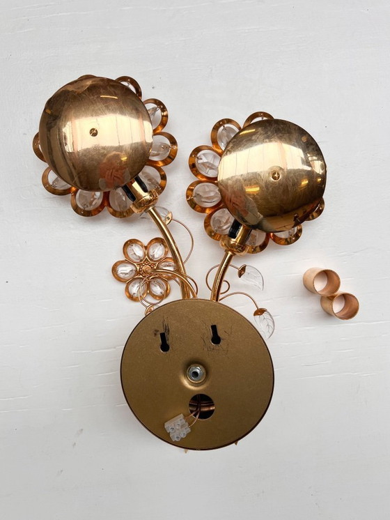 Image 1 of Brass and crystal Art Deco wall lamp attributed to PALWA, 1960s