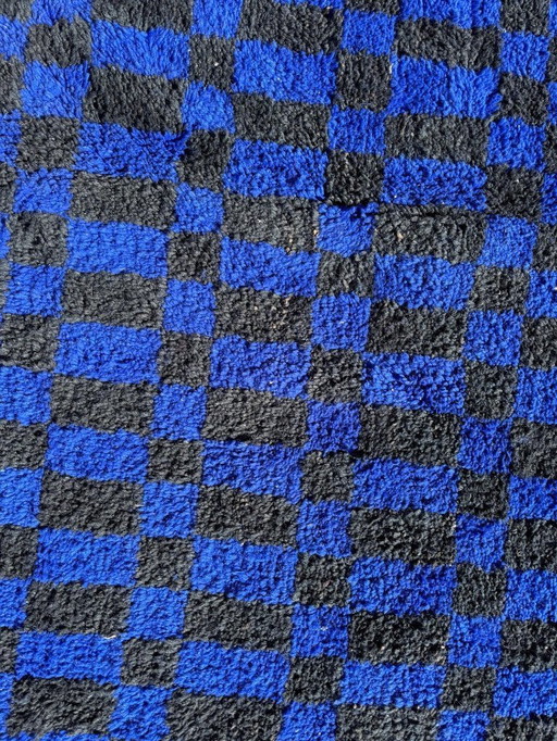 Handmade Moroccan Rug – Black & Blue Checkered Wool Carpet | Geometric Checkerboard Area Rug | Boho Vintage Style Home Decor