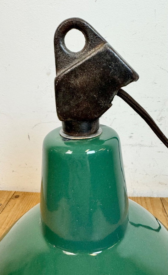 Image 1 of Industrial Green Enamel Factory Lamp with Cast Iron Top, 1960s