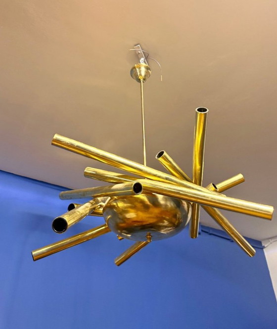 Vintage Sputnik Space Age Ceiling Lamp by Stilnovo, 1950s, Chandeliers, Brass, Gold, Modern (photo 4 of 6)
