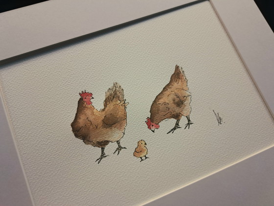 Image 1 of Watercolor painting chickens with chicks original | With frame