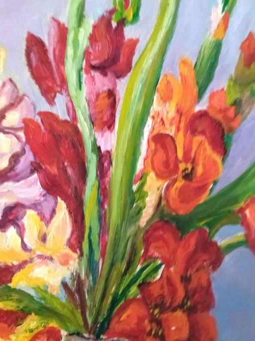 Dipinto ad olio su tavola - Natura morta con gladioli