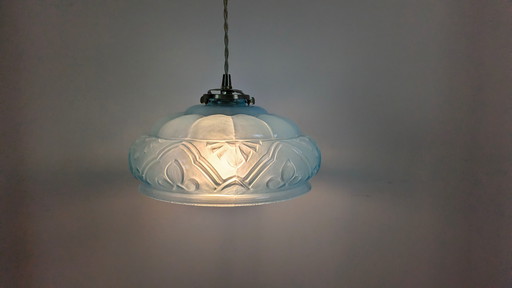 Art Deco hanglamp van blauw glas en messing