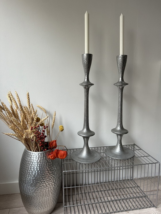 Image 1 of Two Big Vintage Aluminium Hammered Candle Holders