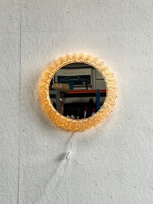 Vintage Wandspiegel, Rond, Met Verlichting, Duitsland 1970's