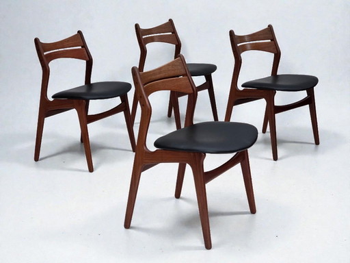 1960s, set of 4 reupholstered Danish dining chairs, design by Erik Buck, model 310.