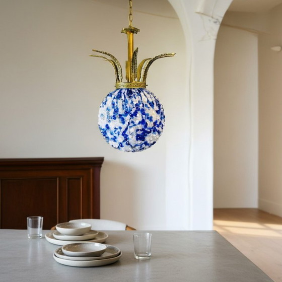 Image 1 of Gran lámpara de araña de cristal azul estilo Regencia portuguesa de Marinha Grande, década de 1970