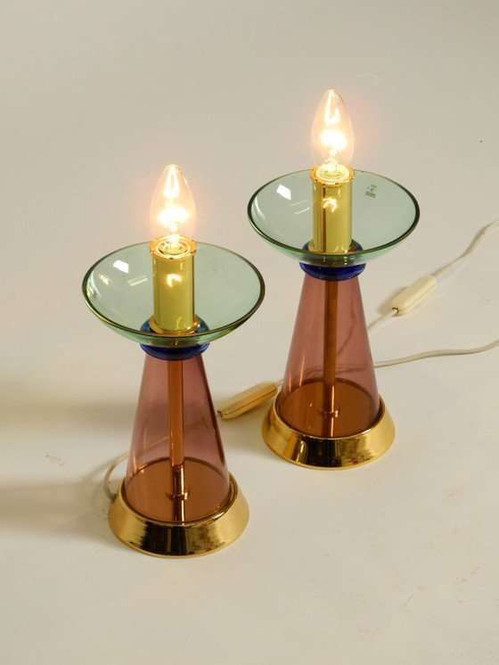 Image 1 of Deux lampes de table rares en verre de Murano italien des années 1980, au design Memphis postmoderne | Vetri Murano