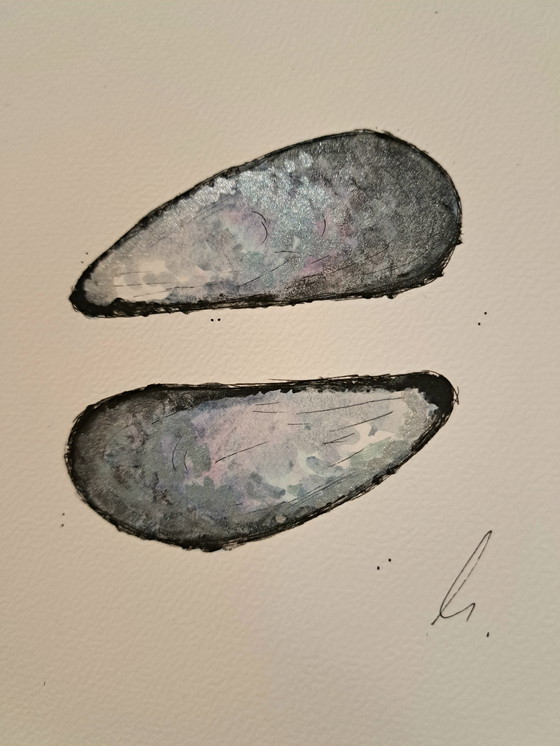 Image 1 of Aquarel schilderij Mossels | Goudkleurige lijst