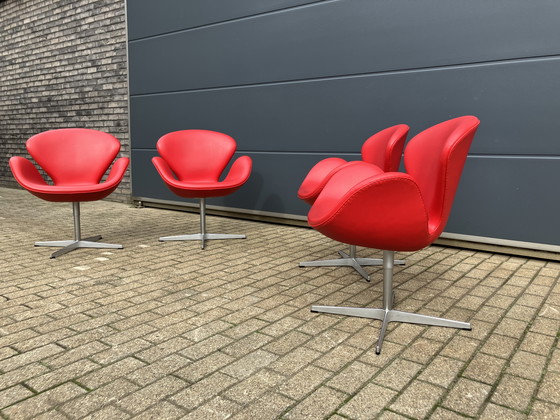 Image 1 of 4X Original Red Leather Fritz Hansen Swan Chairs Top condition!