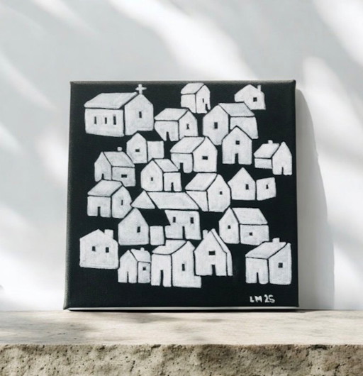 Decorative Painting of Naïve White Houses on a Black Background