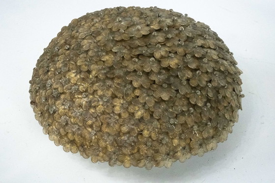 Image 1 of Lampe de plafond Seguso, très grande, à fleurs en verre de Murano doré, style milieu du siècle, Italie, années 1940