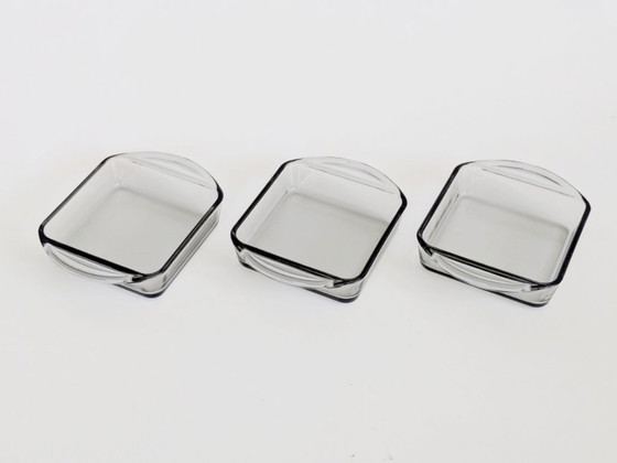 Image 1 of Danish Teak Serving Set, 3 Smoked Glass Bowls Original Spoon and Fork, Midcentury Kabaret Tray