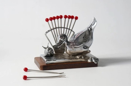 Original Benjamin Rabier Art Deco Chrome on Wood Plaque Cocktail / Punch Pick Set from the 1930s. (photo 4 of 10)