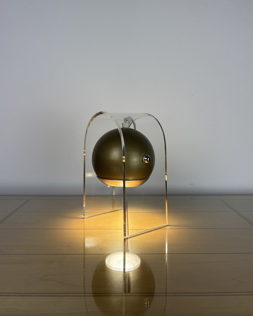 Plexiglass Eyeball Lamp, Sputnik design, 70s, Space Age, Table lmap, 1970s, Olive Gold Vintage Lamp with Plexiglass Stand, Spot