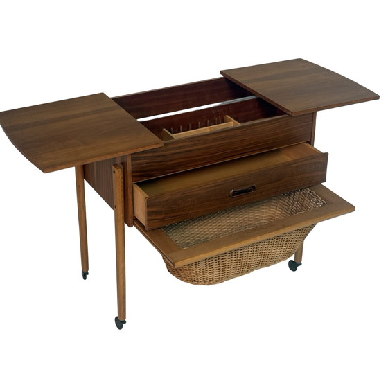 Image 1 of Teak wood - Vintage sewing box / table on casters - Wicker basket -  Scandinavian, Denmark, ca. 1960’s