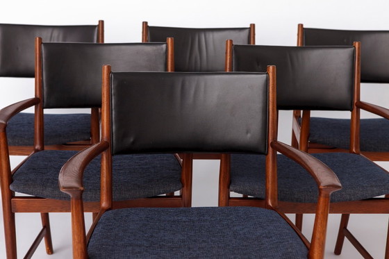Image 1 of Set of 6 Kai Lyngfeldt Larsen Armchairs, Vejen Denmark 1960s, Danish Teak Chairs, Leather Back, Mid Century Modern